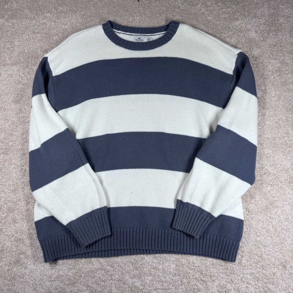 Hollister Mens XXL Blue White Striped Crewneck Knit Pullover Sweater Relaxed Fit